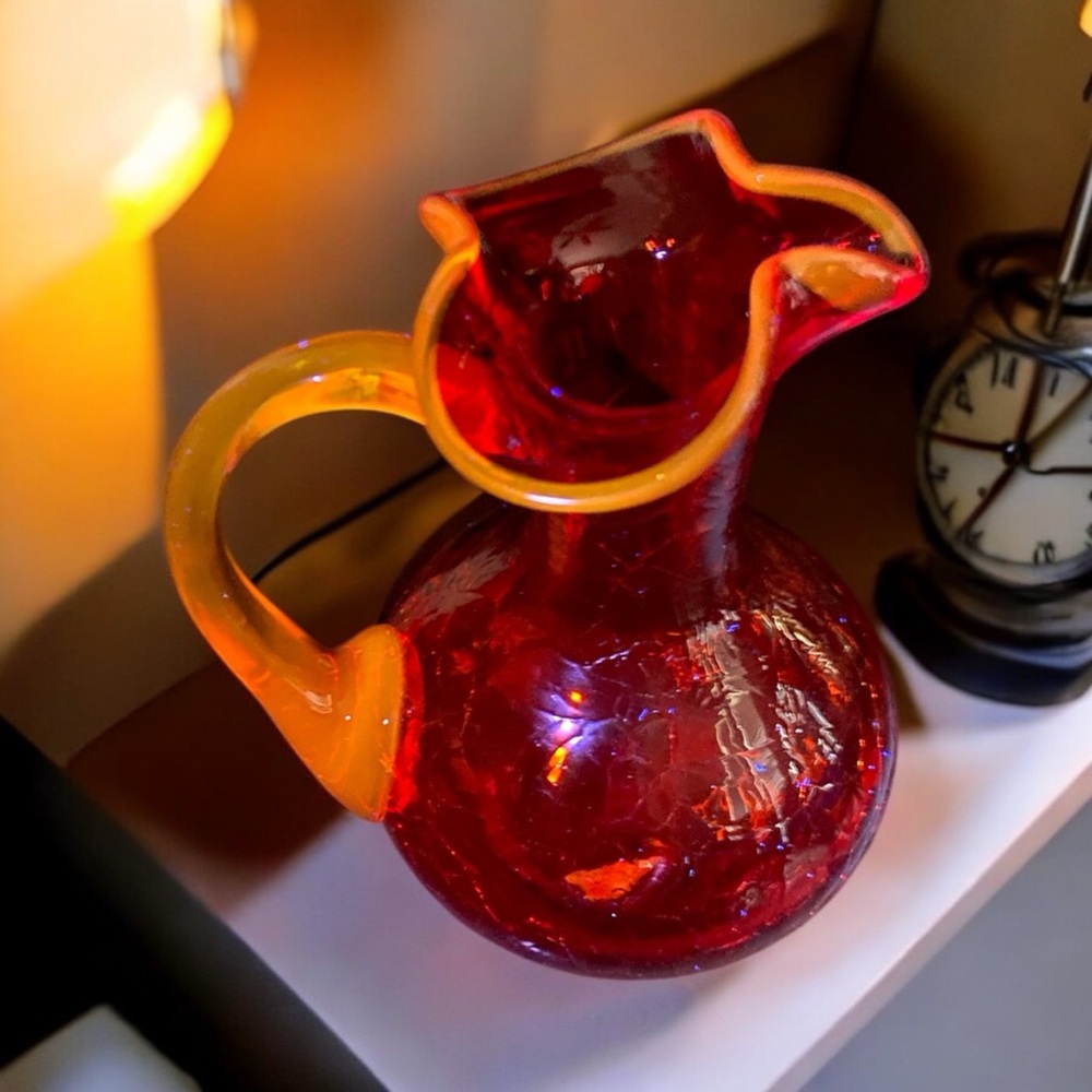 Vtg Blenko Amberina Crackle Glass Mini Pitcher UV Reactive Cadmium Glow MCM 4.5"